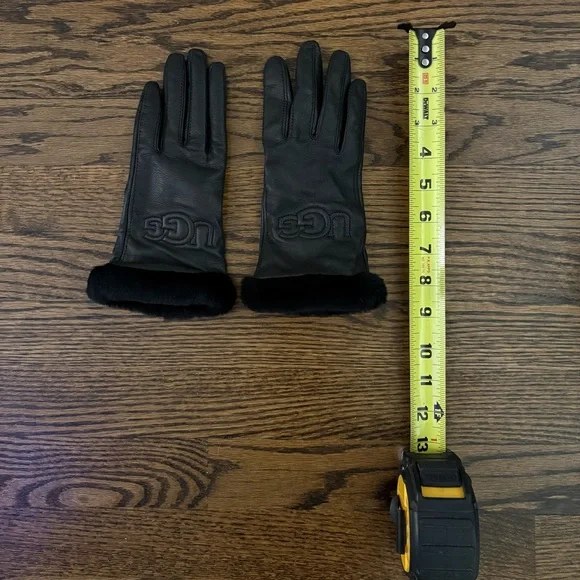 UGG Black Leather Gloves with Fur Trim - Picture 4 of 6